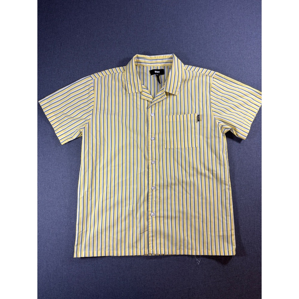 DKNY Boys Yellow Blue Striped Short Sleeve Button Down Shirt Size M 10/12